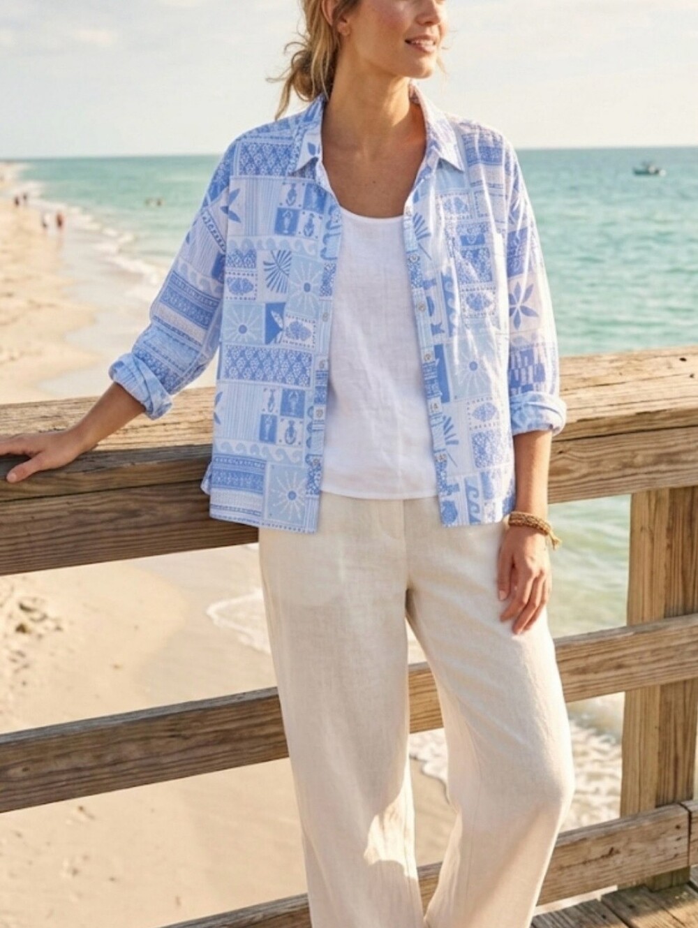 C&C California Linen Tropical Fish Print Button Down Shirt Women's XL Blue White